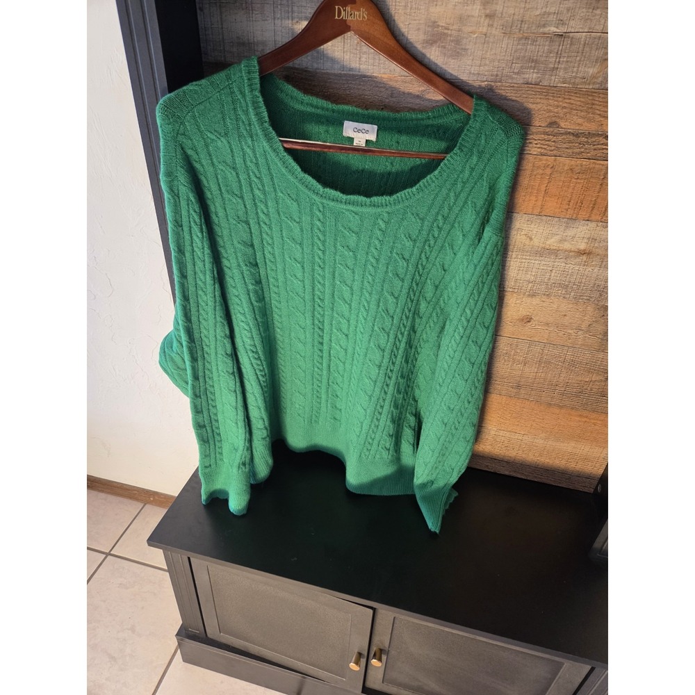 CeCe Green Cable Knit Pullover Sweater Scoop Neck Long Sleeve Plus 3X Christmas